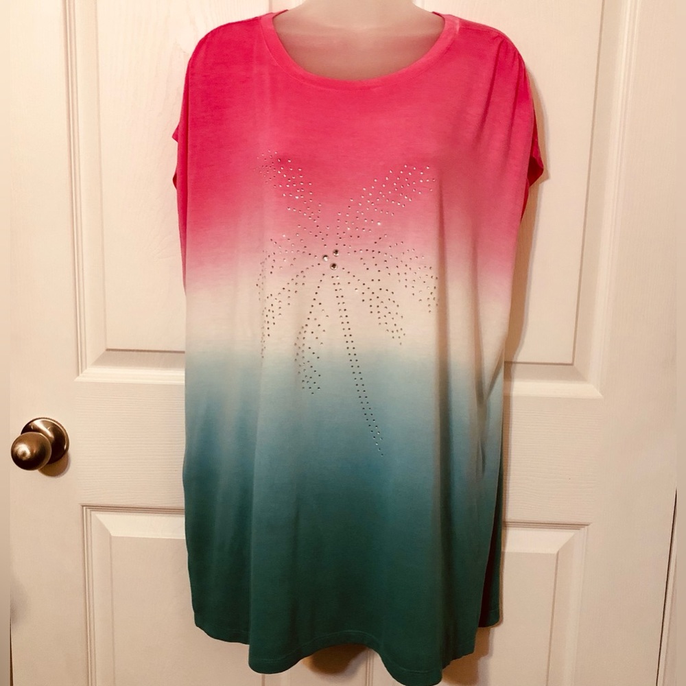 NWT CATO CRYSTAL PALM TREE Ombre Pink and Green Women's Top 18/20